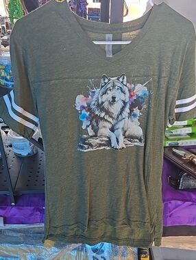 Kids Olive Green Wolf Graphic V-Neck Tee
